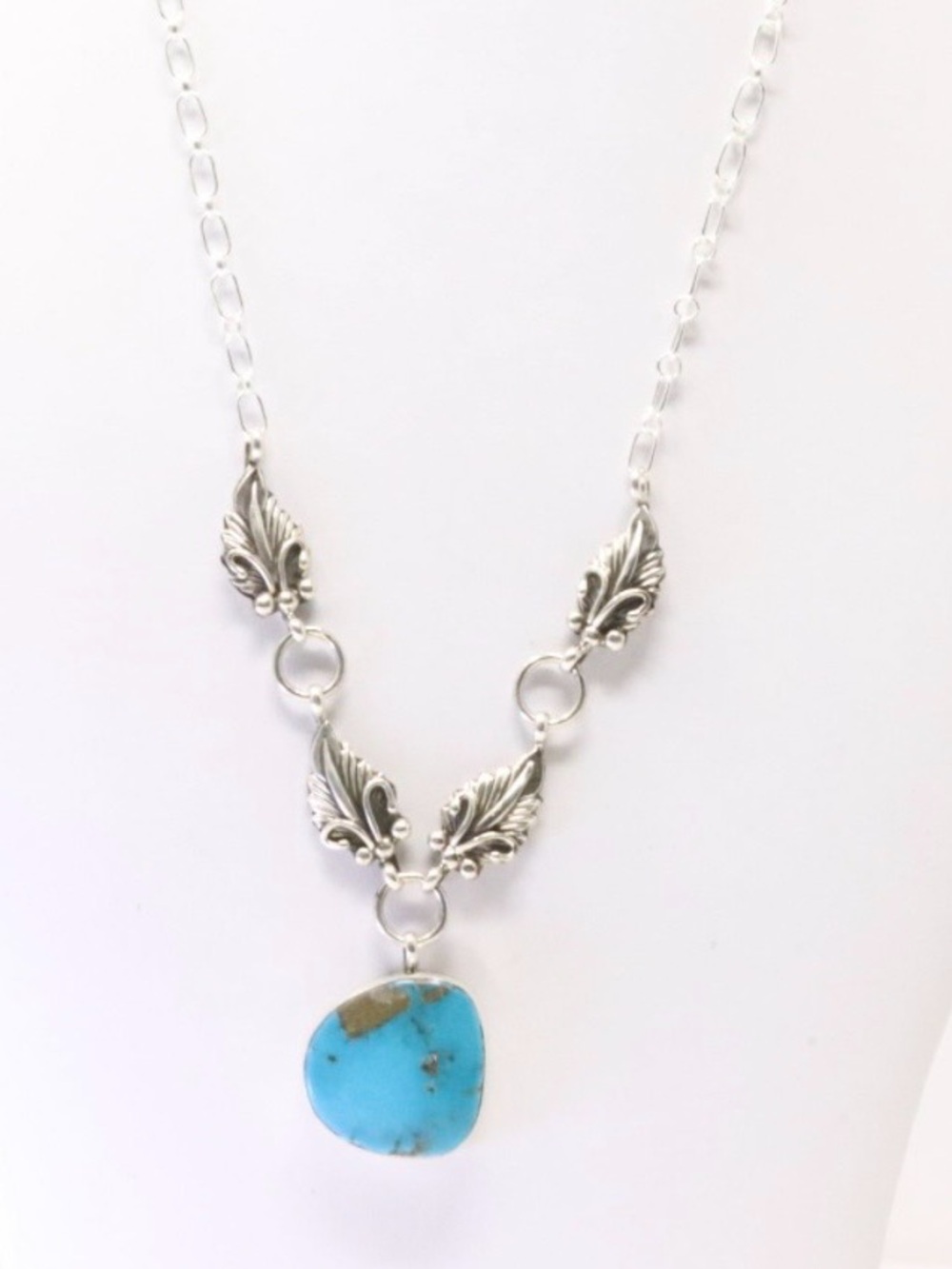 Native American Navajo Sterling Silver Turquoise Leaf Necklace By Verley Betone